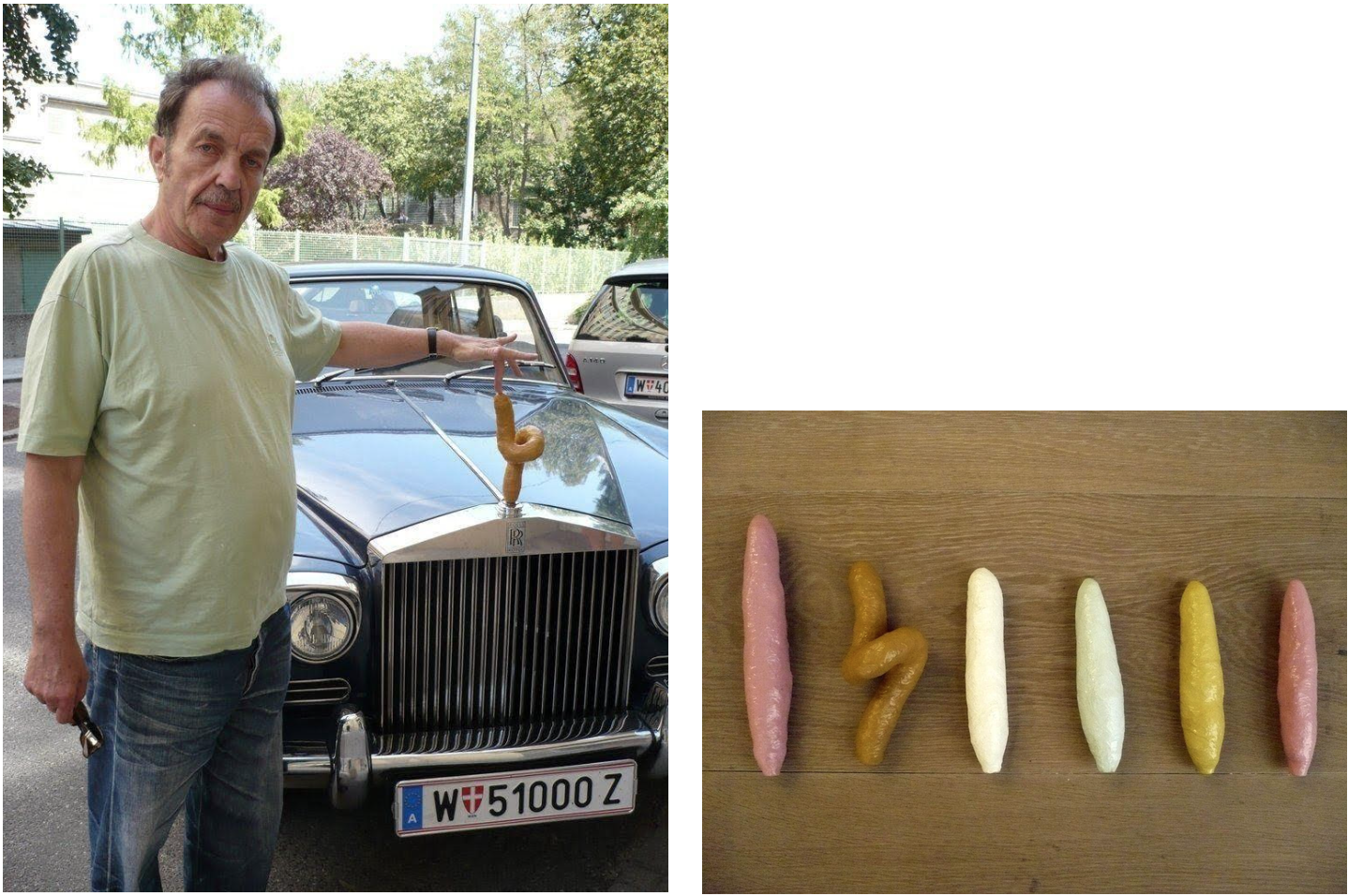 Left:&nbsp;

Franz West&nbsp;with&nbsp;Adaptive for Rolls Royce Silver Shadow, 2007
Photo: Franz West Privatstiftung
&nbsp;&copy;&nbsp;Archiv Franz West;&nbsp;&copy; Estate Franz West

The collection of Erling Kagge
Courtesy:&nbsp;Archiv Franz West and Estate Franz West

&nbsp;

Right:

Franz West
6 Adaptives for Rolls Royce Silver Shadow, 2007
epoxy resin, metal
Rose: 31 x 5,5 x 5,5 cm
Rose: 23 x 5 x 5 cm
Yellow: 23 x 5 x 5 cm
White: 24,5 x 5 x 5 cm
Turquoise: 23 x 6 x 6 cm
Brown: 24 x 10 x 10 cm
&nbsp;&copy;&nbsp;Archiv Franz West,&nbsp;&copy; Estate of Franz West
Photo: Franz West Privatstiftung

The collection of Erling Kagge
Courtesy:&nbsp;Archiv Franz West and Estate of Franz West

&nbsp;
