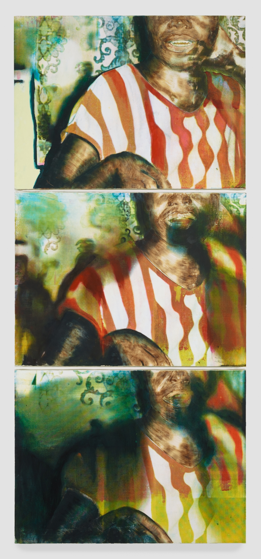 Africanus Okokon
Life&amp;rsquo;s a Gas (Verbatim 3 triptych), 2022
Silkscreen ink, burn marks, and oil on canvas
92 x 40 inches

&amp;nbsp;
