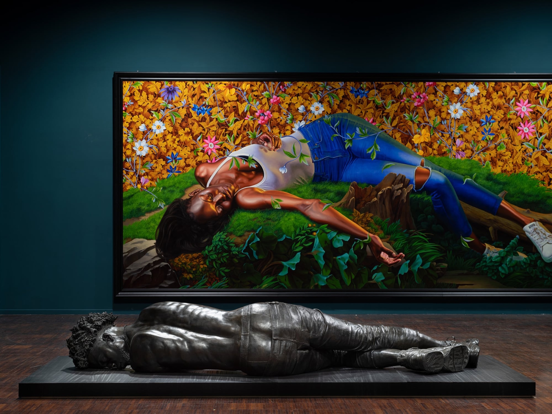 Front: &amp;ldquo;The Virgin Martyr Cecilia&amp;rdquo; (2022), bronze, 251 &amp;times; 152 3/4 &amp;times; 70 1/8 inches. Back: &amp;ldquo;Young Tarentine II (Ndeye Fatou Mbaye)&amp;rdquo; (2022), oil on canvas, 131 7/8 &amp;times; 300 inches