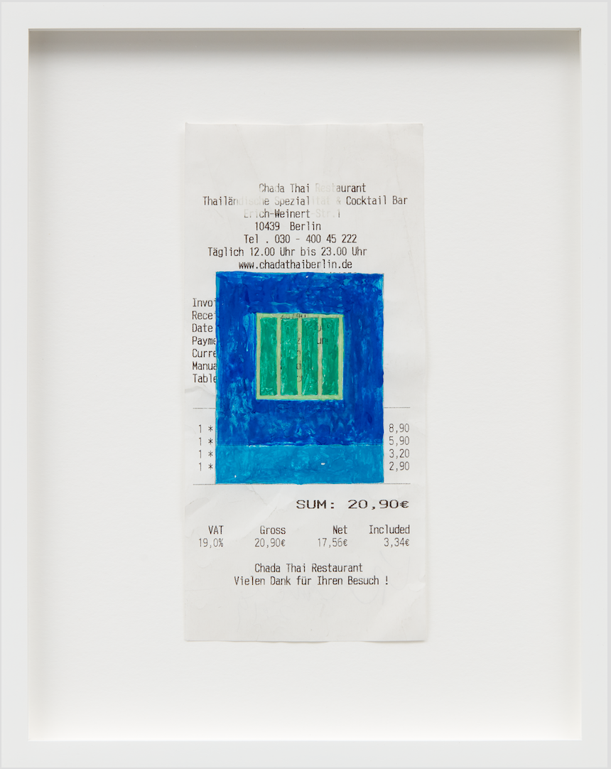 Jonathan Monk

Restaurant Drawing (PH Cell), 2019

pencil and watercolor on thermal paper

6.5 x 3 in. (16.51 x 7.62 cm.)

&amp;copy;&amp;nbsp;Jonathan Monk

The collection of Gary Yeh

Courtesy: the artist and Casey Kaplan gallery, New York