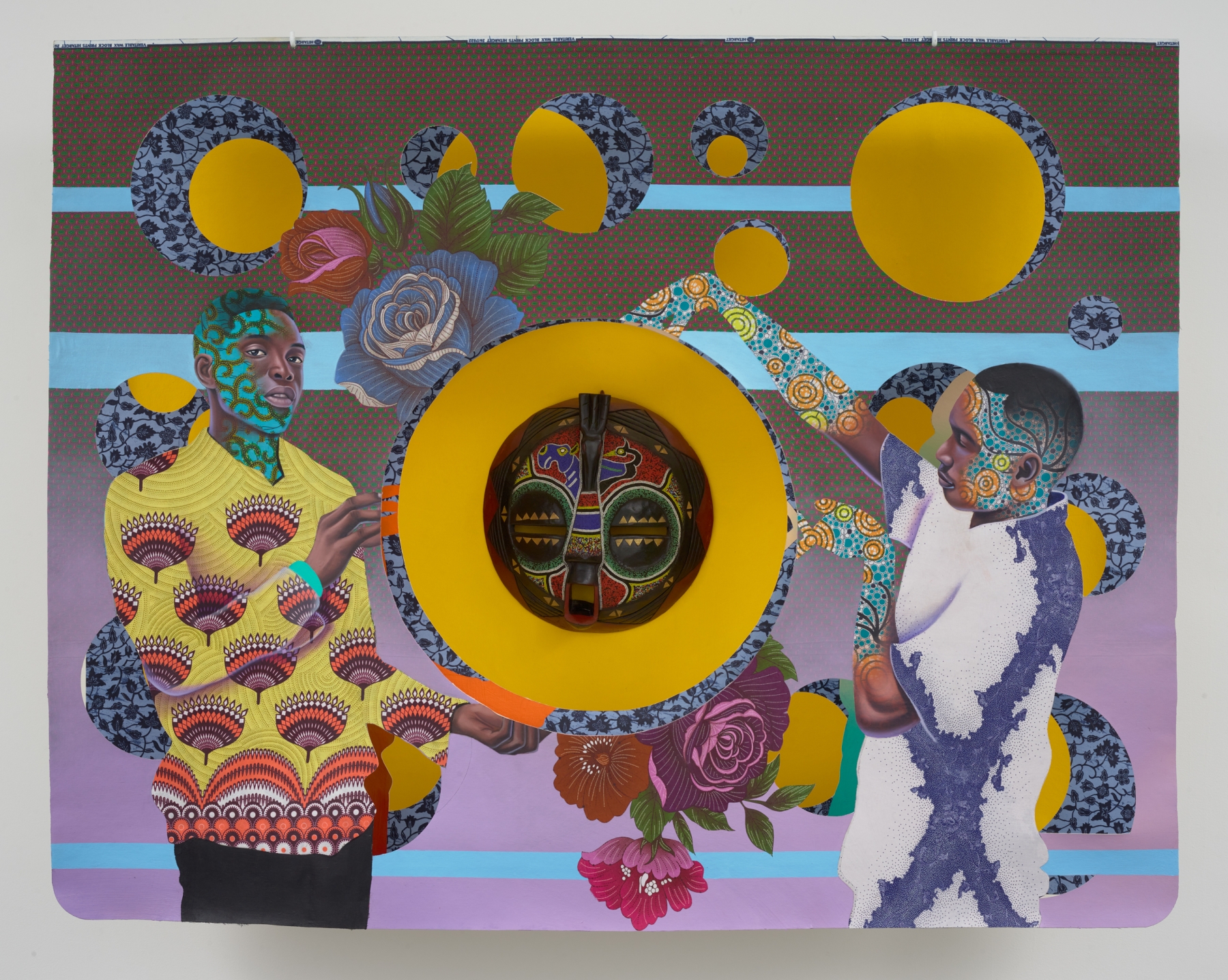 Patrick Quarm
Place of Abode, 2022
mixed media, oil and acrylic paint on African print fabric, resin, 3 layers
68 x 82 x 24 inches&amp;nbsp;