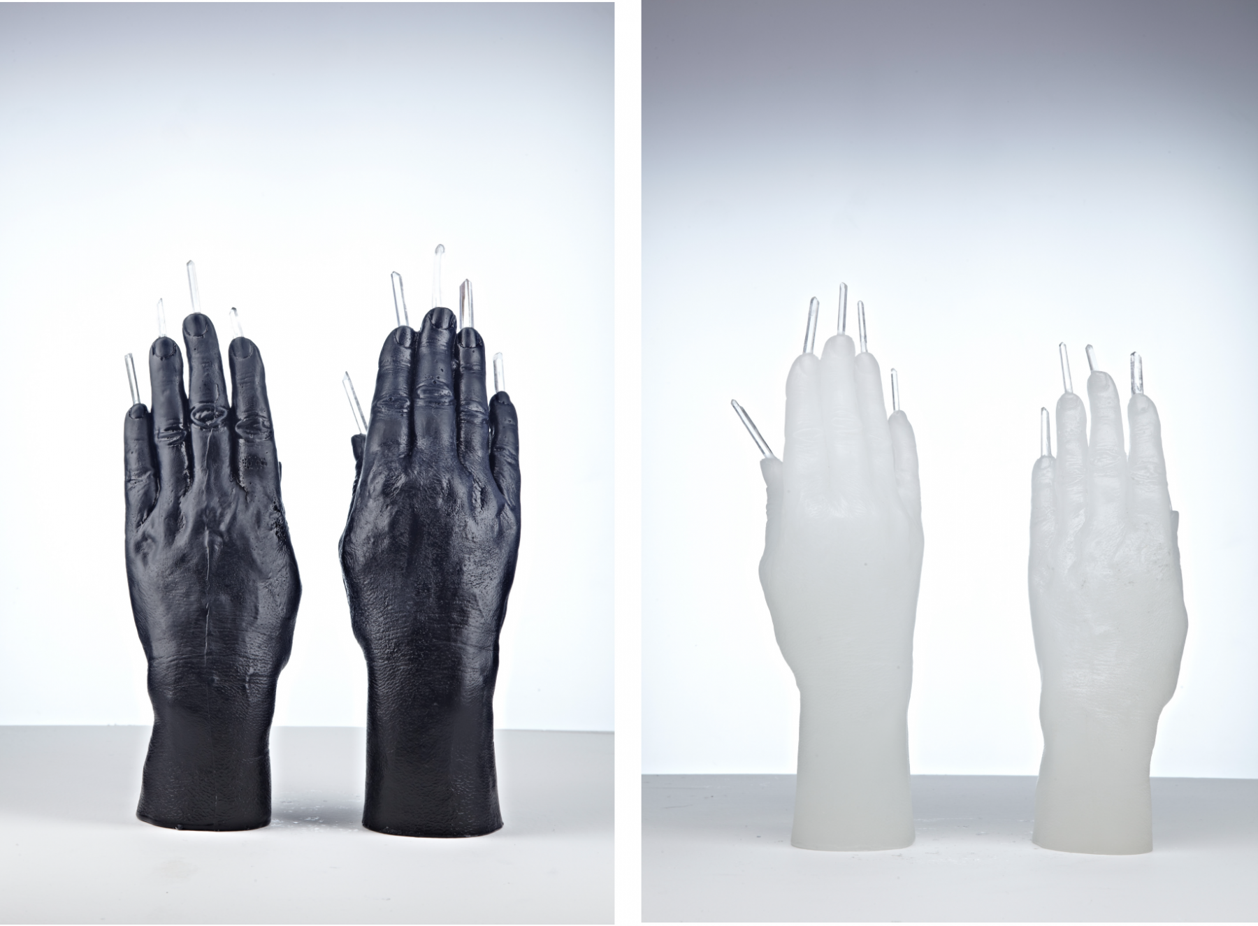 The Communicator (hands 2), 2012, hands made of black wax with crystal quartz stones, 9 7/8 x 4 x 1 1/2 inches, unique

The Communicator (hands 1), 2012, hands made of white wax with crystal quartz stones, 9 7/8 x 4 x 1 1/2 inches,&amp;nbsp;unique

&amp;nbsp;