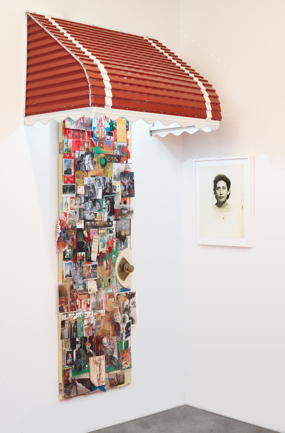 Daniel Ramos
Faith And Fate Go Hand In Hand, 2020
Awning, wooden door from Mexico, silver gelatin prints, postcards, doilies, acrylic paint, cardboard, nails, enamel, Polaroids, inkjet prints, ephemera, wax, stamps, envelopes
99 x 45 x 25 1/2 inches