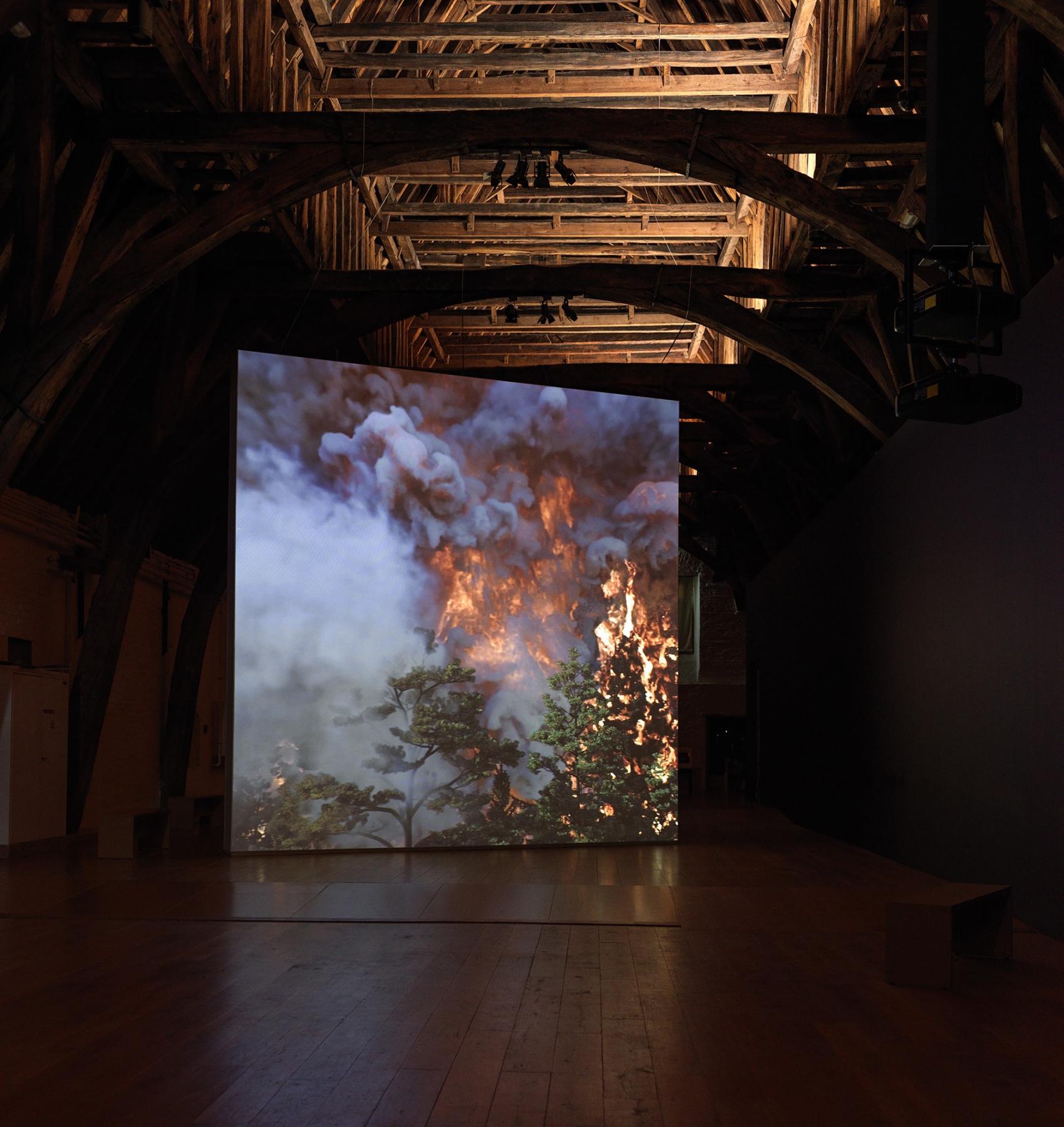 David Claerbout, Wildfire (Meditation on Fire), 2019-2020, single channel video projection, 3D animation, stereo audio, color, 24 min, Installation: Musea Brugge, St John&amp;#39;s Hospital, Bruges, 2020 (photo Dominique Provost)