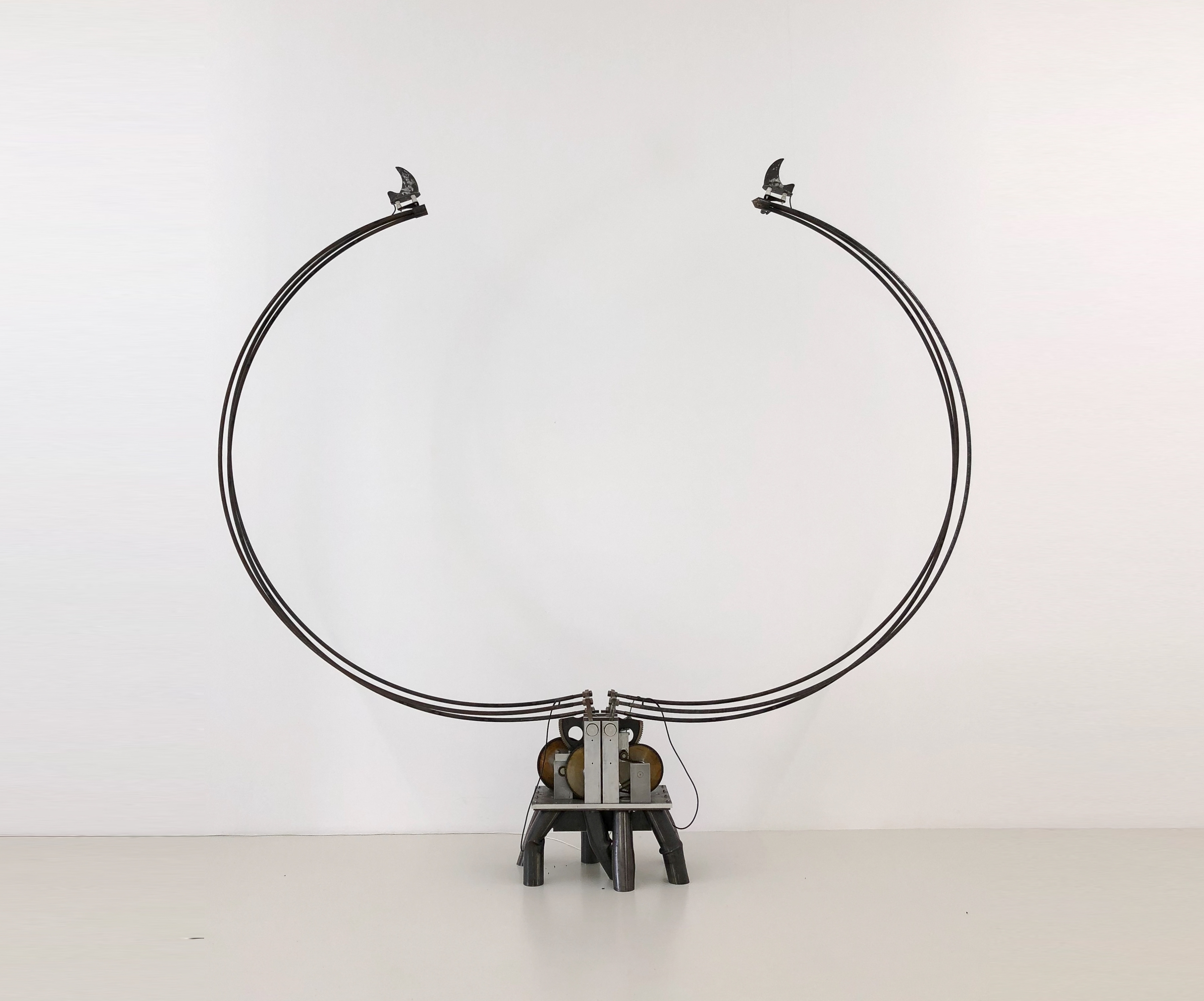Rebecca Horn
Kiss of the Rhinoceros, 1989
Steel construction, aluminum, motors, electric devices
Dimensions: 153 1/2 x 212 1/2 x 19 3/16 inches&amp;nbsp;(390 x 540 x 60 cm)
Photography: Rebecca Horn Workshop &amp;copy;&amp;nbsp;Rebecca Horn VG Bild Kunst