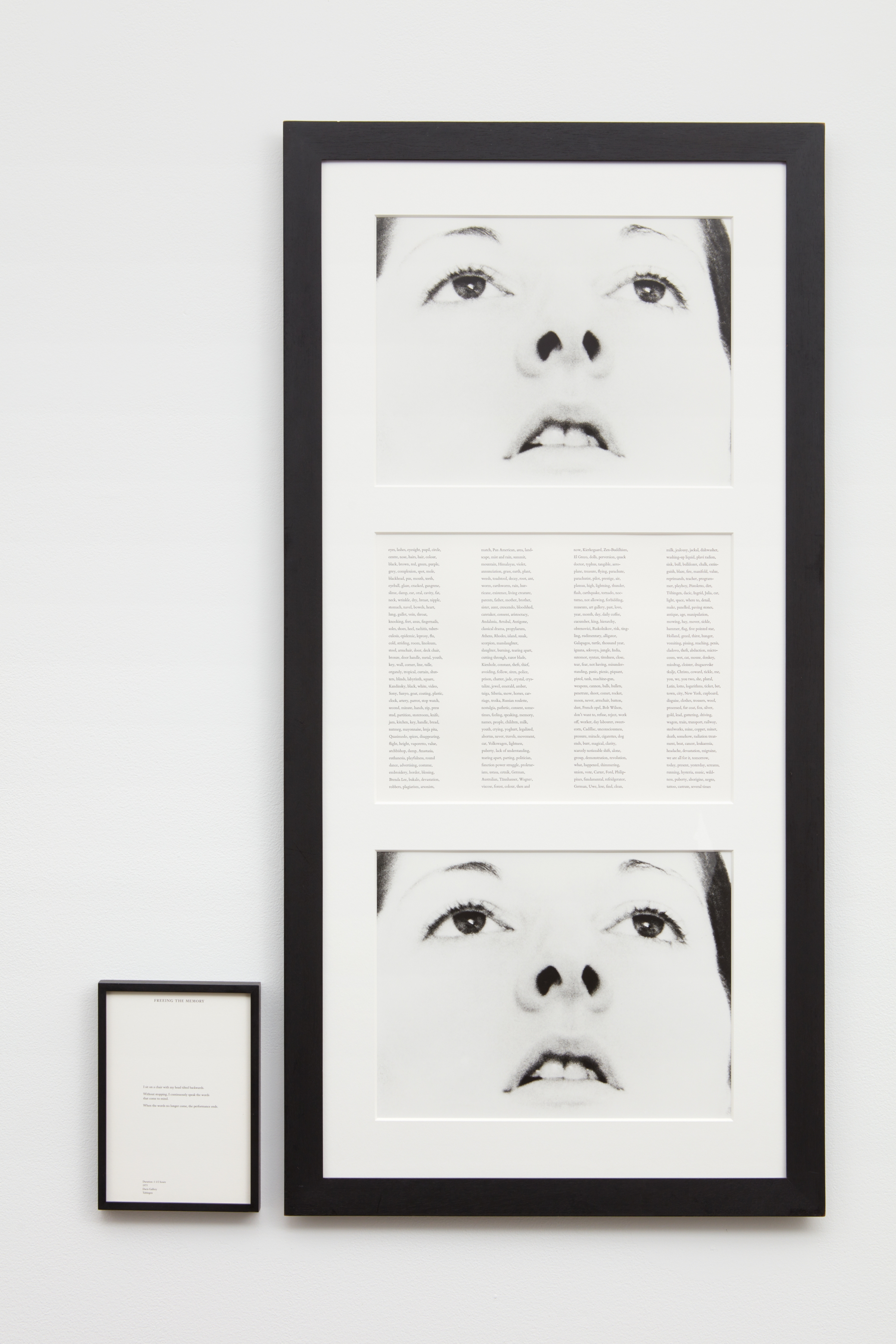 Marina Abramović, Freeing the Memory, 1975/1994, 2 black and white photographs with 2 letter press text panels, framed: 49 3/4 x 24 inches, text framed: 10 1/4 x 7 1/4 inches, edition of 16 with 3 APs.